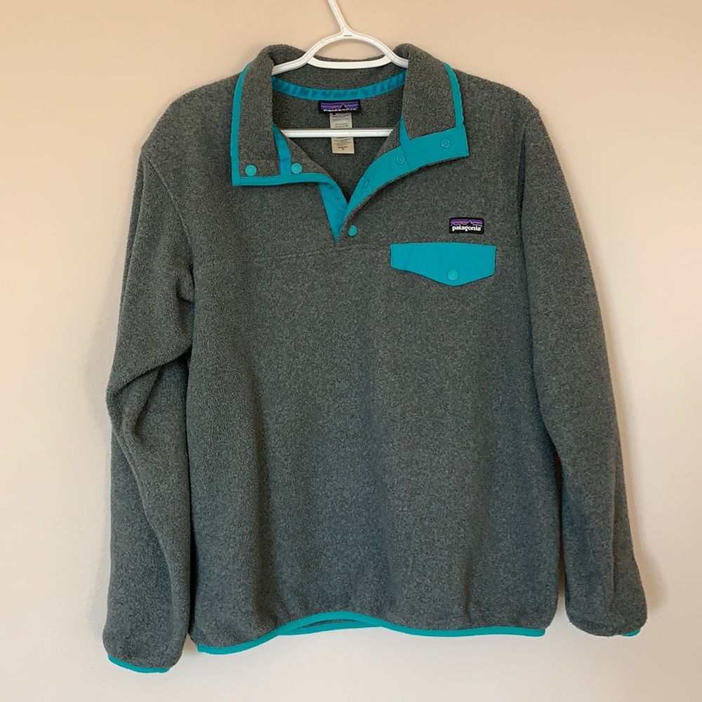 Patagonia T-snap Synchilla button fleece gray blue teal pullover